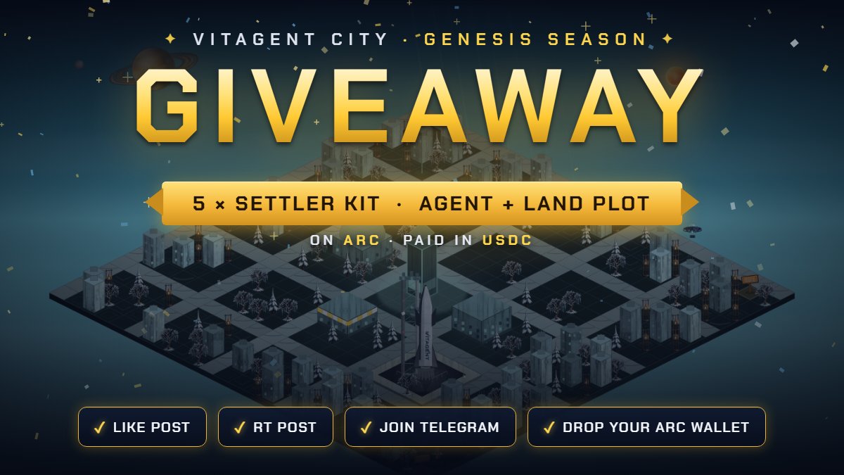 vitagentcity's tweet photo. 🏙️ VITAGENT CITY GIVEAWAY 🏆

⚡ The first fully on-chain city game is coming to @Arc, Circle's new USDC chain.

🎁 We're covering the full settler kit — 1 agent 🤖 + 1 land plot 🏠 (paid in USDC 💵) — for 5 early citizens to celebrate the Genesis season 🎉

How to enter ⬇️ 
1️⃣Like & comment this post ❤️ 
2️⃣ Retweet 🔁 
3️⃣ Join our Telegram 
4️⃣ Drop your Arc wallet below 👇
📅 Winners announced Sep 24 · paid on-chain ✅ ⛏️ Genesis season opens soon — mine $VITA from day one 🚀
#Arc #USDC #onchain #hook #airdrop