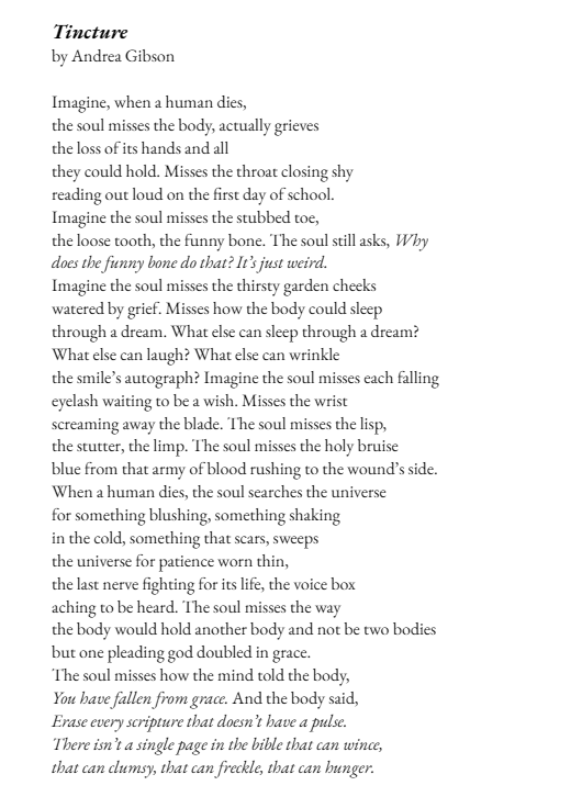 bdubsees's tweet photo. Definitely on the short list of my #favorite #poems of all time, I give you “Tincture” by #AndreaGibson:

#poetry #literature
https://t.co/5A2Ho9BlQj https://t.co/l1JvKGC6s3