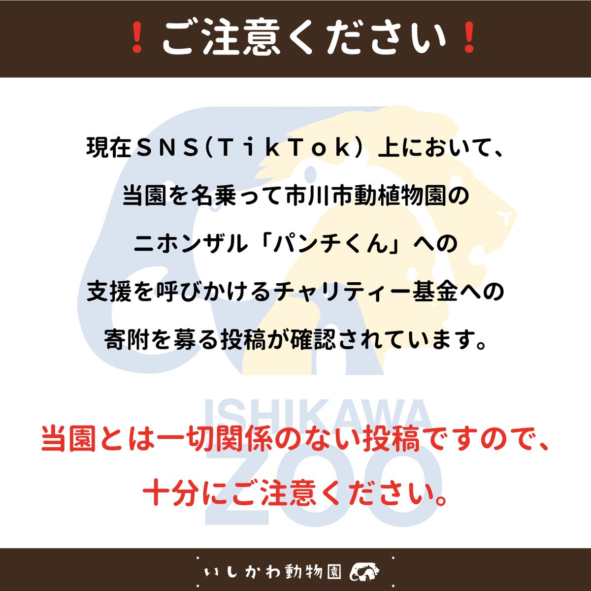 ishikawazoo_jp's tweet photo. ❗️ご注意ください❗️

現在SNS(TikTok)上において、当園を名乗って市川市動植物園のニホンザル「パンチくん」への支援を呼びかけるチャリティー基金への寄附を募る投稿が確認されています。
当園とは一切関係のない投稿ですので、十分にご注意ください。(続く)
https://t.co/TSO6MQs4cN
#いしかわ動物園 https://t.co/aYT59vGur2