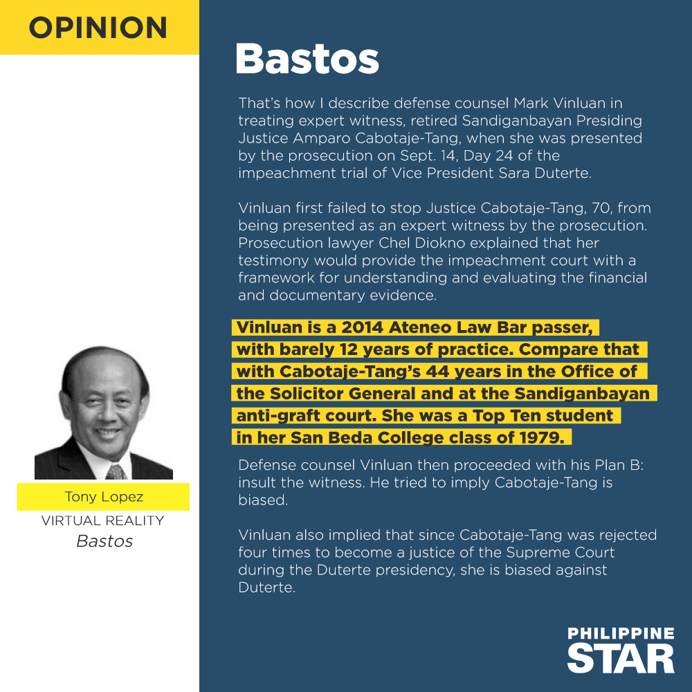 PhilippineStar's tweet photo. OPINION: Bastos. Sorry. There is no English word that captures the import of impoliteness, condescending attitude, insolence, contemptuousness and outright disrespect conveyed by bastos. https://t.co/pLU71ppKhK https://t.co/Yi73nPHAdT