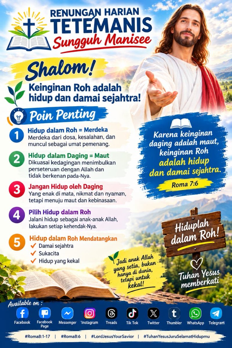 lemuel_marthen's tweet photo. RENUNGAN HARIAN TETEMANIS SUNGGUH MANISEE

Shalom! Keinginan Roh adalah hidup dan damai sejahtra!
.
.
#Roma8:1-17
#Roma8:6
#LordJesusYourSavior
#TuhanYesusJuruSelamatHidupmu
#HappyThursdayMorning

               https://t.co/2NEFveANea https://t.co/StMmMuZqnx