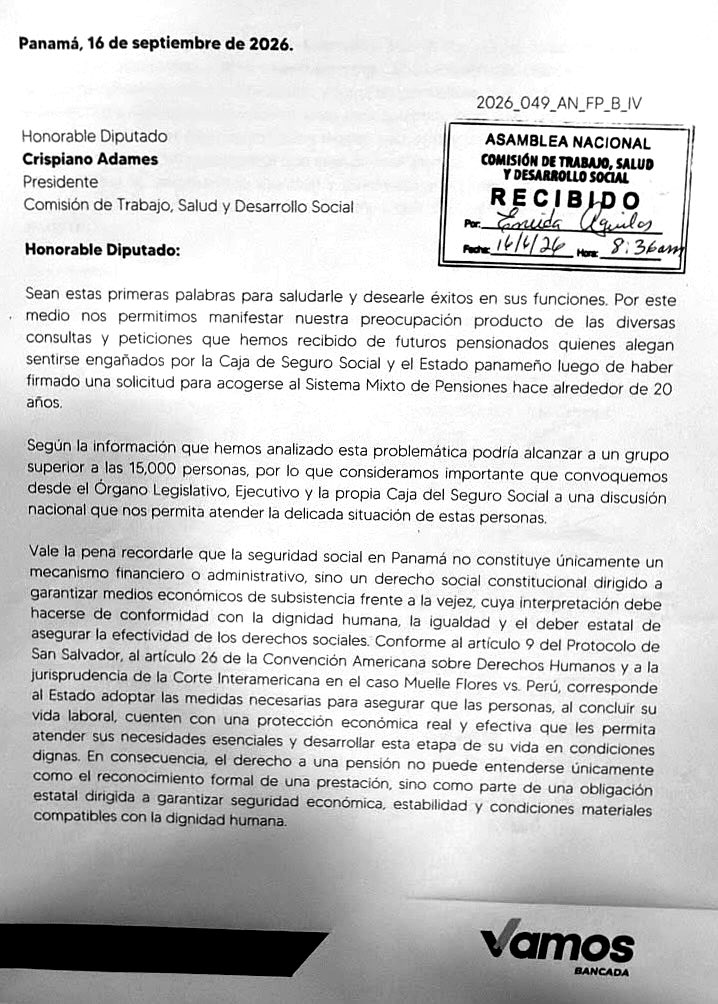 CrispianoAN's tweet photo. Hoy recibimos la Nota N° 049 de la bancada @vamosporpanama, en la cual exponen su inquietud sobre este importante grupo de cotizantes. Compartimos el documento recibido, cuya preocupación coincide plenamente con la fiscalización que venimos encabezando desde esta Comisión. https://t.co/Dip24dqKrS