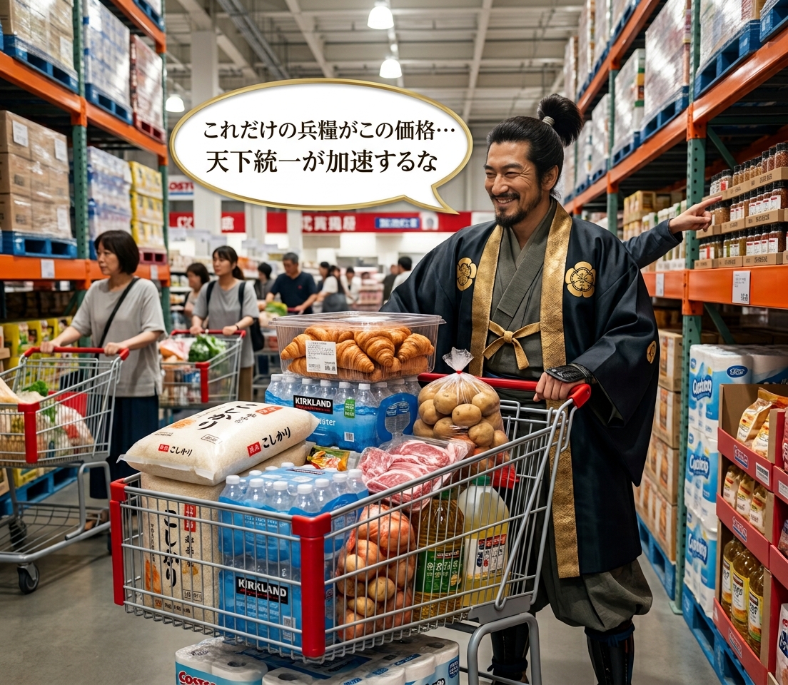 timeleap_take's tweet photo. コストコで食料品や備品を調達する織田信長
「これだけの兵糧がこの価格…天下統一が加速するな」

#現代に迷い込んだ偉人 #織田信長 #コストコ #aiart https://t.co/Bf2ym35RRD
