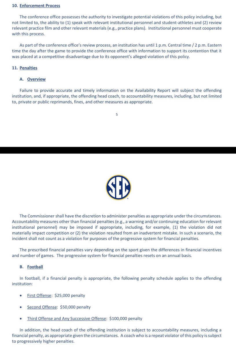 bmarcello's tweet photo. SEC player availability report policy regarding enforcement and penalties for inaccurate reports https://t.co/DTF39pFrtm
