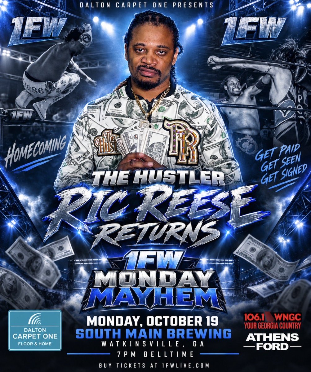 ibringthetable's tweet photo. THE STILL HUSTLING TOUR JUST GOT BIGGER!

Thanks to the good folks at @1FWrestling , I’m making my way BACK HOME!

MONDAY, 10/19
📍 South Main Brewing | Watkinsville, GA
🕖 7PM Belltime

GET PAID💰… GET SEEN 👀... GET SIGNED🖊️...

#TheHustler #RicReese #StillHustlingTour  #1FW https://t.co/ibSQxSsFRU