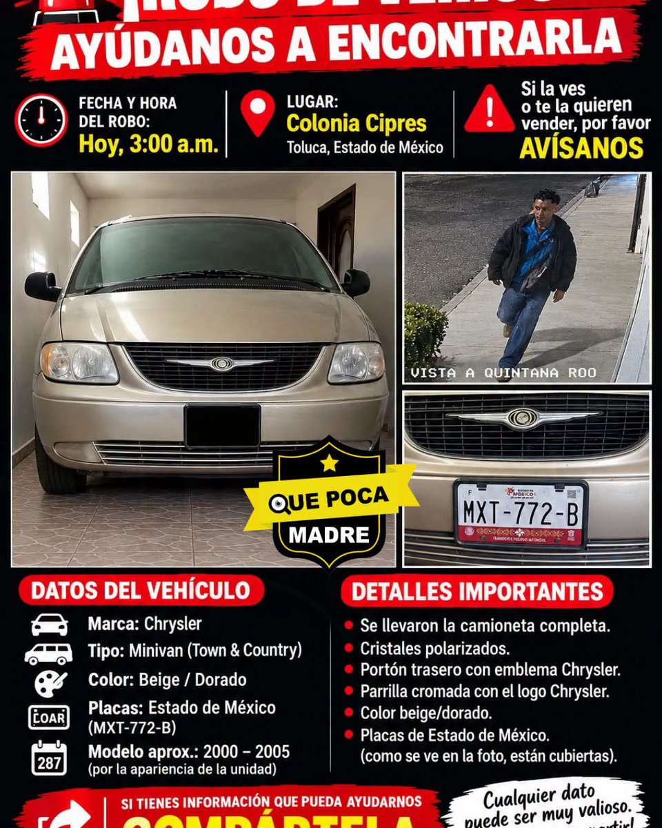 NitziPineapple's tweet photo. ATENCIÓN TOLUCA!
Robo a casa habitación en Col. Ciprés durante la madrugada del 15 de septiembre. Los responsables sustrajeron una camioneta Chrysler MXT 772 B
📹¿Tienes cámaras? Revisa grabaciones entre las 3:00 a. m. y el amanecer. Cualquier info puede ayudar a la investigación https://t.co/aBgqqs0ukr