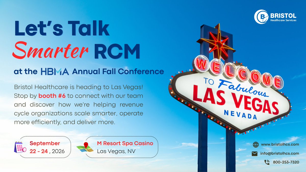 BristolHCS's tweet photo. We’re excited to be exhibiting at the HBMA Annual Fall Revenue Cycle Management Conference in Las Vegas this September, and we’d love the opportunity to connect with you. https://t.co/MfS26TcChu