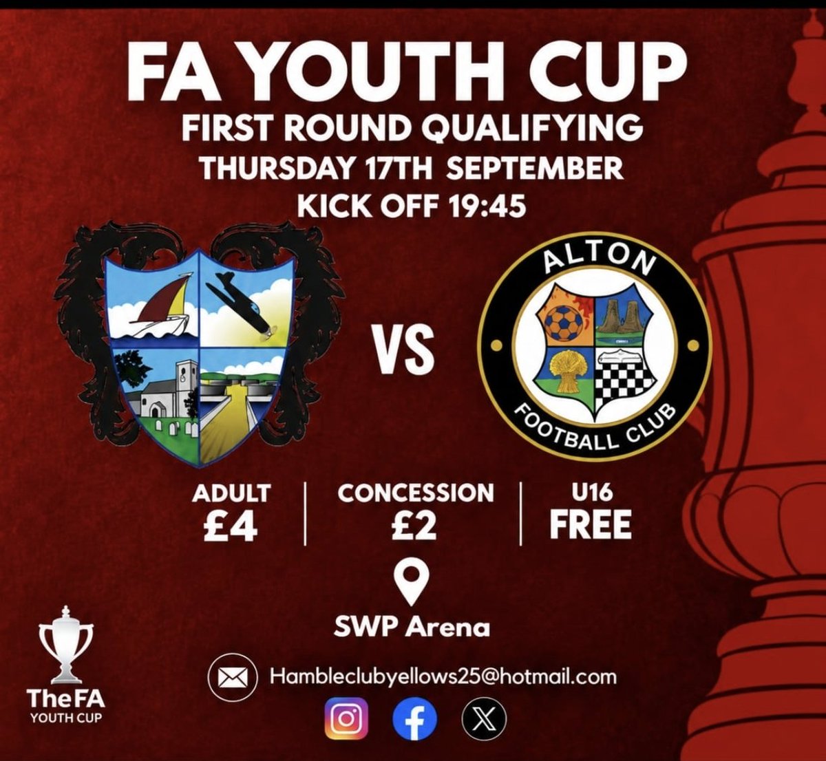 HambleFC's tweet photo. *Thursday night football*
Hamble Club U18 take on Alton u18 in the 1st round qualifying 17/9.
🏟️ SWP Arena SO31 4BU 
🗓️17/9/26
🏆Fa Youth Cup
⏰19.45
🎟️Adults £4, concessions £2, U16 free when accompanied by an adult. Let's get a crowd behind the lads #utm 
@TerraceTrav
@WessexLeague @thewessexway @dailyecho