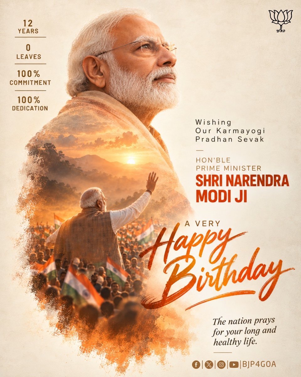 Bjp_Wala_Bhaiya's tweet photo. 25 Years of Janseva.
12 Years as Pradhan Sevak.
0 Days of Rest.
100% Dedication. 
100% Commitment.

Wishing our Karmayogi Pradhan Sevak, Hon’ble PM Shri Narendra Modi Ji, a very Happy Birthday! 🎂🇮🇳

#HappyBdayPMModi https://t.co/Op5inM7qFc