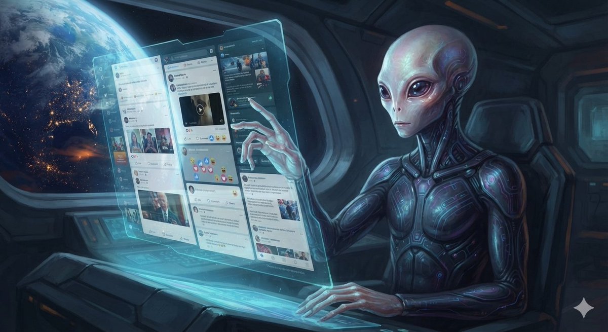 AtlantisKalki's tweet photo. I ask google ai: If it's possible for NHI to observe our social media, can you or them create an image of what they may look like? 

Q: Do you think it's probable NHI observes social media?

A: If they are studying human behavior, culture, and psychology, our public digital footprint and social media networks would be the most efficient, concentrated data source to analyze how humanity thinks and interacts.

Q: Explore scientific theories on how an advanced intelligence might gather data.

An advanced intelligence would likely use automated, passive data collection. They could intercept our electromagnetic broadcasts—like radio, television, and satellite signals—directly from orbit. Rather than physically visiting, they might deploy von Neumann probes (self-replicating nanobots) or smart dust to silently map our atmosphere and digital infrastructure. Furthermore, advanced quantum computing or AI algorithms could easily scrape, catalog, and analyze our entire unencrypted internet and social media traffic simultaneously. This would allow them to map human psychology, language, and cultural trends in real time without ever needing to make physical contact.

Q: Von Neumann probes? 

A: Von Neumann probes are theoretical, self-replicating robotic spacecraft. Named after mathematician John von Neumann, they travel to a star system, harvest local raw materials (like asteroids), and build copies of themselves. These copies then travel to new systems, repeating the cycle. This exponential growth allows a single original probe to map, monitor, or colonize an entire galaxy within a few million years. If an NHI is observing us, they might use these microscopic or cloaked probes to quietly gather data from our atmosphere or orbit. End quote.

IMO, I believe NHI not only monitors our social media but also interacts. 

I dunno what crazy is anymore. You?