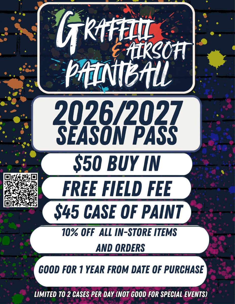 GraffitiPB's tweet photo. Our season pass is back! Grab a pass and save some money everytime you come out to play! Use the QR code to buy a pass now!

#graffitipaintballnairsoft https://t.co/NC0Q3kbWwF