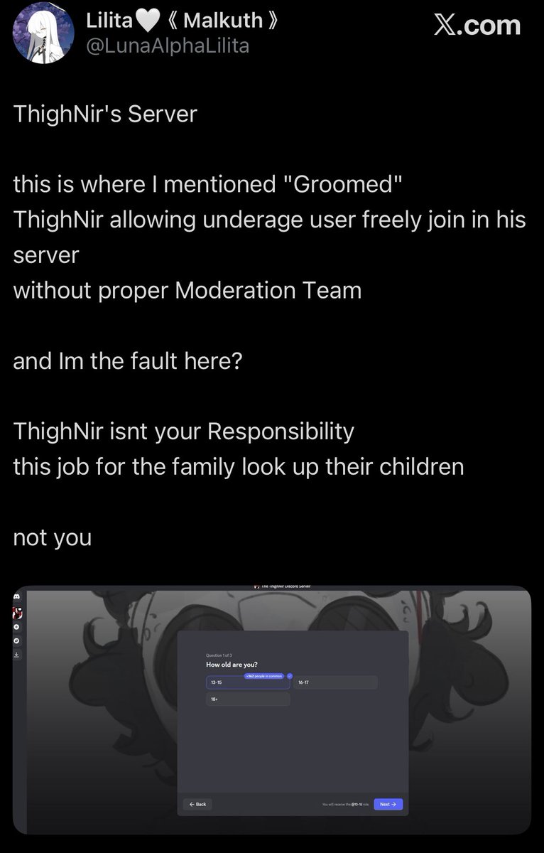 CupofLibertea02's tweet photo. 1. You are defaming Lilita over Blue Archive shit and falsely accused Lilita of enabling predators. You should be sued for that @ThighNir.

2. Is this your Discord server @ThighNir? https://t.co/CD6ZWACD4W