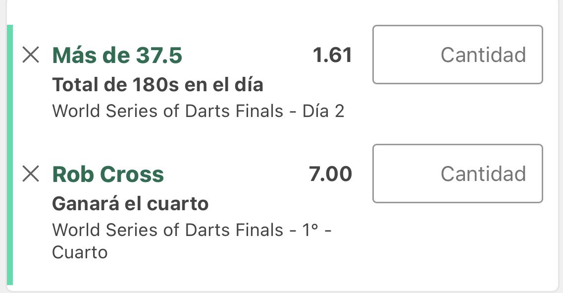 EricPicksz's tweet photo. FUTURAS 🔥

O37,5 180s DÍA 2 (x1,61)
Rob Cross ganador cuarto 1 (x7,00) 

STAKE 2 Y STAKE 0,5

38 180s en 8 partidos al bo7, 4,75 180s de media por partido, con littler y aspinall. Debería salir fácil. Luego Rob Cross underdog claro del grupo, tiene el nivel para ganar el cuarto https://t.co/LtCxgxOW1c
