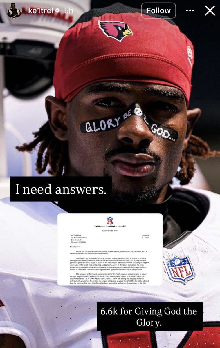 MLFootball's tweet photo. TRENDING: #Cardinals CB Kei’Trel Clark WENT OFF on the #NFL after being fined $6,651 for writing “Glory Be 2 God” on his eye black.

“I report to God at the end of my days on the day of judgment! I’ll always give God the Glory and out loud.”

Clark made it very clear he is angry: https://t.co/uJvumMCo6A