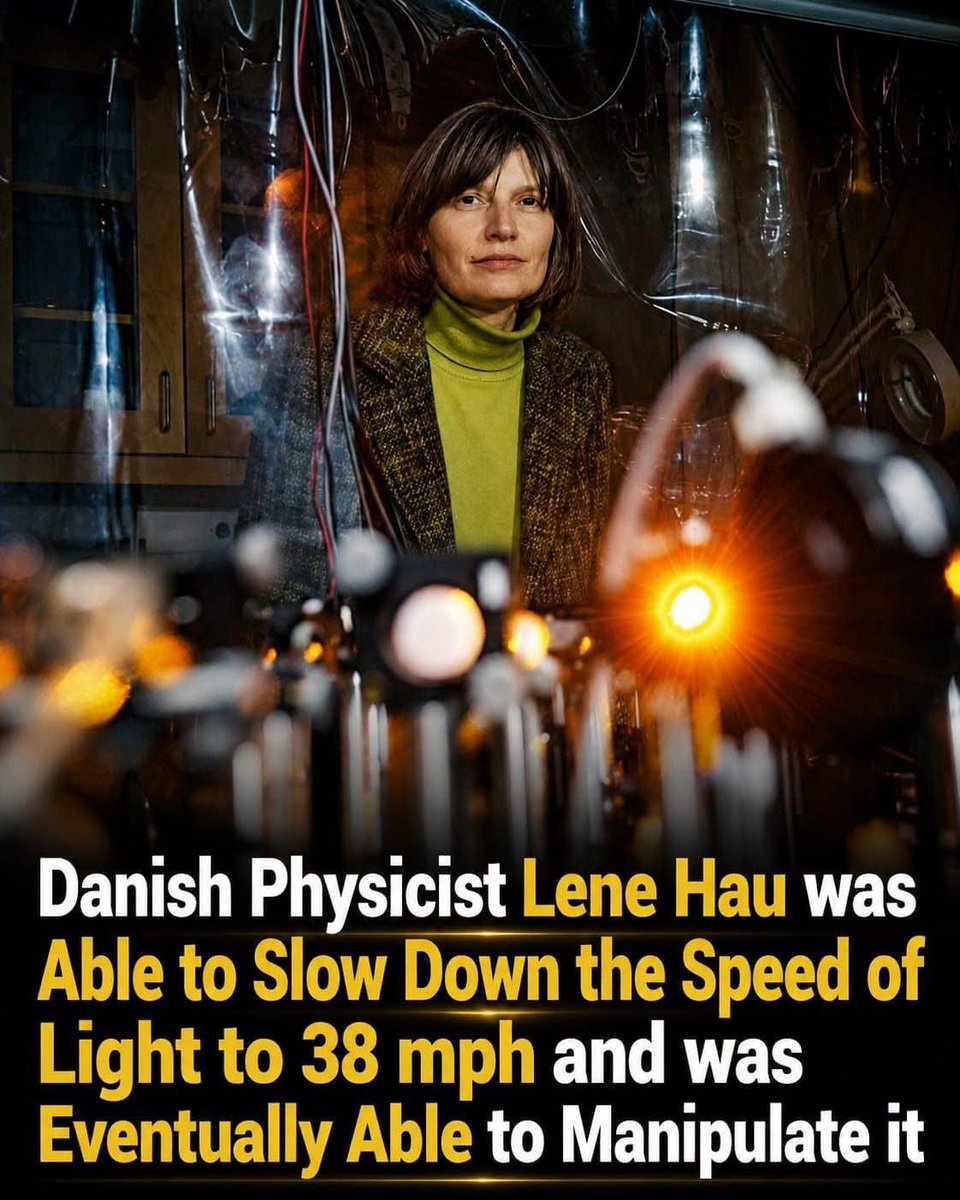 NextScience's tweet photo. 🚨 SHE SLOWED LIGHT TO JUST 38 MPH! 

Light normally races through empty space at about 186,282 miles per second. But Danish physicist Lene Vestergaard Hau found a way to make it move at roughly 38 miles per hour—about the speed of a bicycle. 

The secret was an incredibly cold cloud of atoms called a Bose-Einstein condensate. Using lasers and temperatures extremely close to absolute zero, Hau’s team slowed a light pulse by about 20 million times.
But that was only the beginning.

Her team later managed to stop a light pulse completely, store its information, and restart it. They even demonstrated that light could be converted into a matter-based form, manipulated, and turned back into light. 

It sounds like science fiction—but these experiments were real. They opened new possibilities for quantum information processing, optical communication, and advanced computing.
Sometimes, the fastest thing in the universe can be made to slow down… and even stop.

Source: Hau, L. V., Harris, S. E., Dutton, Z., & Behroozi, C. H. (1999). Light speed reduction to 17 metres per second in an ultracold atomic gas. Nature, 397, 594–598.
