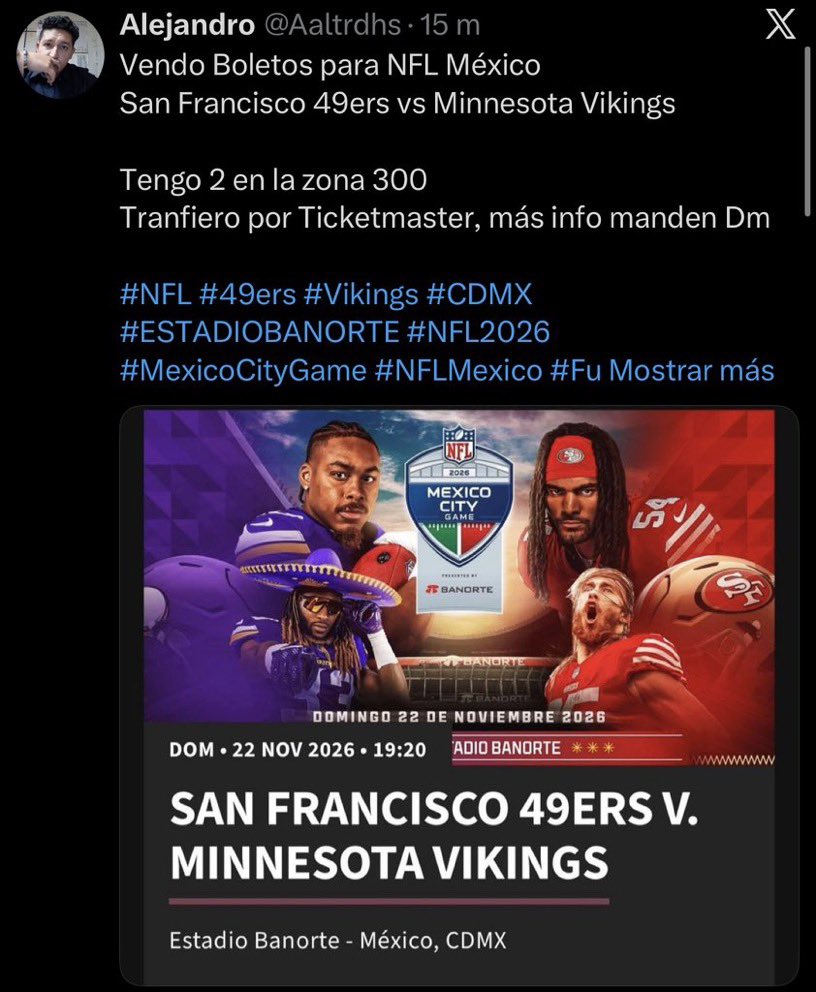 nenabrendda's tweet photo. ESTAFA

@Aaltrdhs antes @Aleijat56 @Ailodriys @Lextrah @alejitsh y @Hermostraskell ESTAFA CON BOLETOS NFL México San Francisco 49ers vs Minnesota Vikings
SUS REDES Y FAMILIA NO TIENE BOLETO.

#49ers #Vikings #CDMX #ESTADIOBANORTE #MexicoCityGame #EstadioBanorte  #MinnesotaVikings https://t.co/djUbR5T3yP