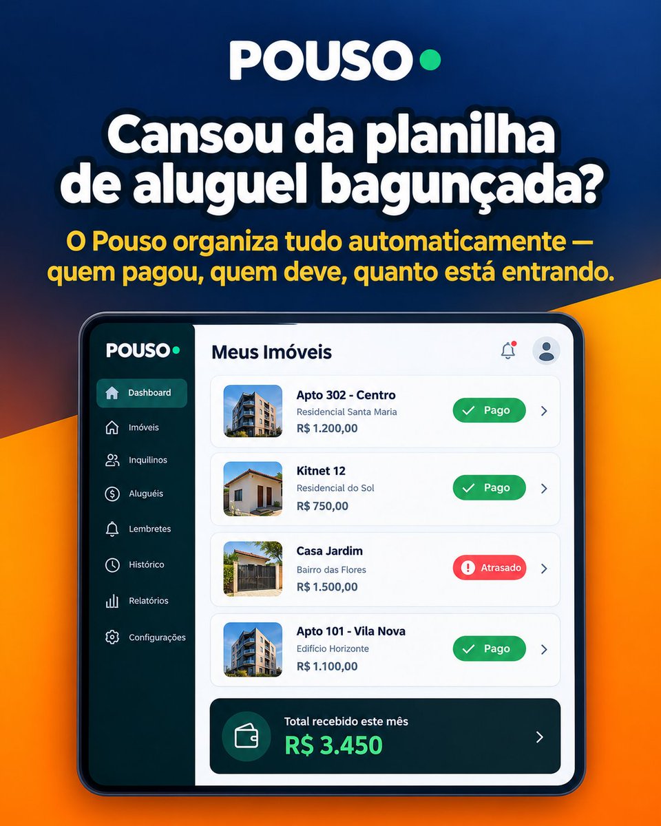 pousoapp's tweet photo. Planilha manual, caderno ou memória — se você administra aluguel sozinho, sabe como é fácil perder o controle. O Pouso resolve isso: um painel simples que mostra tudo, sem complicação de sistema de imobiliária. 🏠📊
Link na bio!  #Pousoapp https://t.co/J2vzXX8yqz