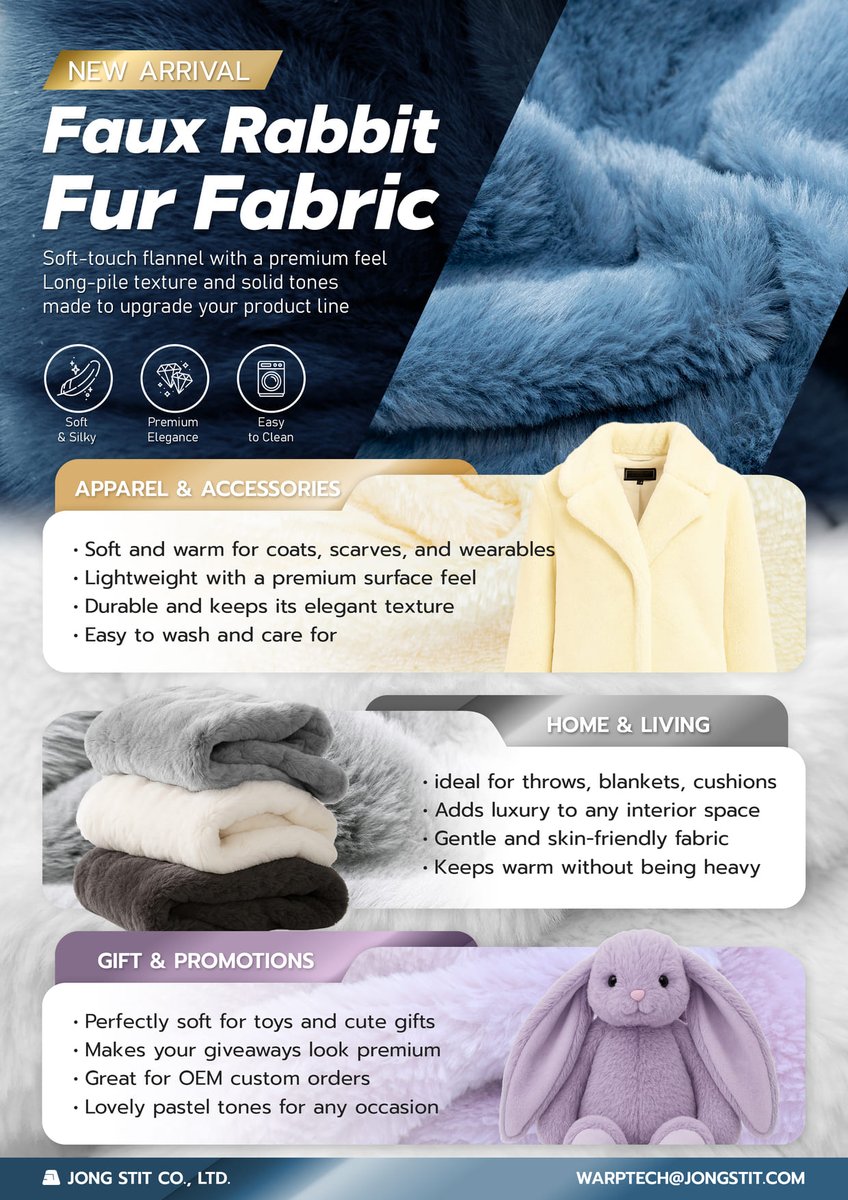 Jong_Stit's tweet photo. Soft, warm, luxurious &amp; 100% animal-friendly. Our faux rabbit fur is made with high quality polyester and recycled polyester, perfect for your winter product.  

DM for free sample!  
☎️+66 82-850-1165   
📷https://t.co/TV4ZBcwJ0S 

#FauxFur #HomeDecor #Winter https://t.co/Nmn2HaRfka