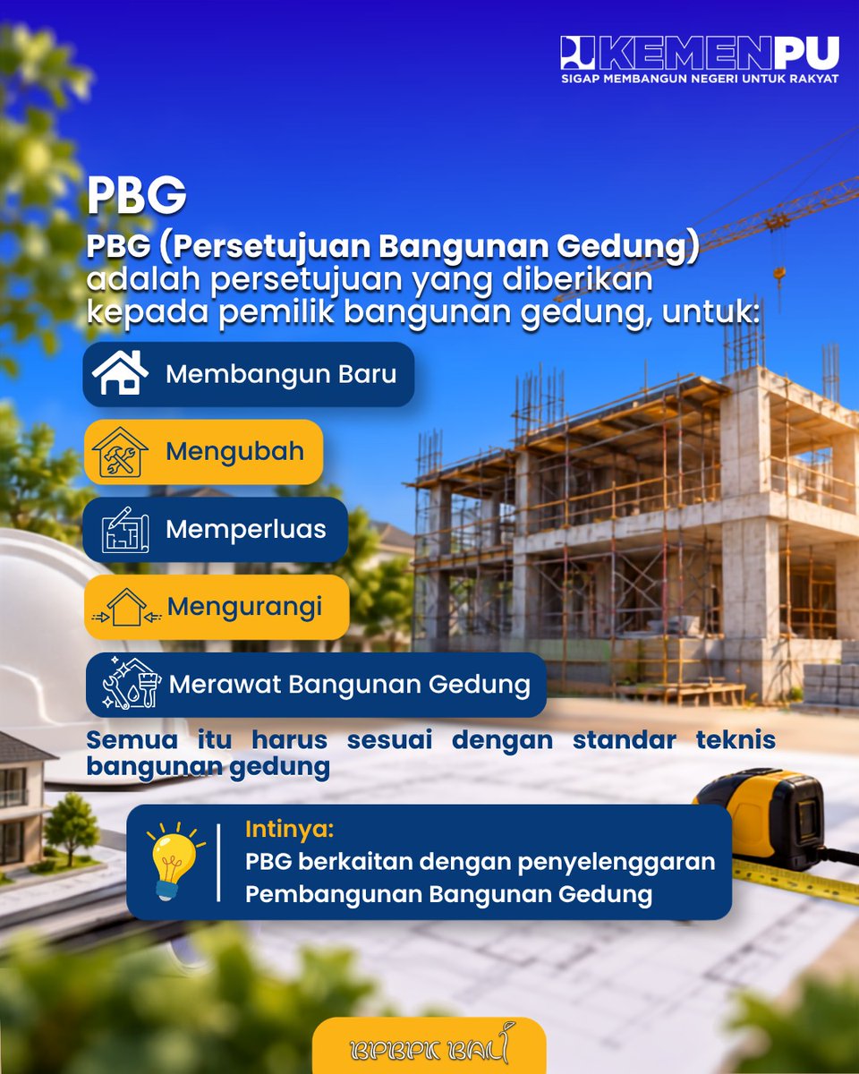 pu_ck_bali's tweet photo. Halo Semeton BPBPK Bali!
Mau bangun atau manfaatkan bangunan?
Kenali dulu PBG & SLF!
🔵 PBG = persetujuan penyelenggaraan bangunan
🟡 SLF = kelaikan fungsi bangunan
#pu608 #sigapmembangunnegeriuntukrakyat #pbg #slf #bpbpkbalisigapmembangunbali https://t.co/tZkE1FALHm
