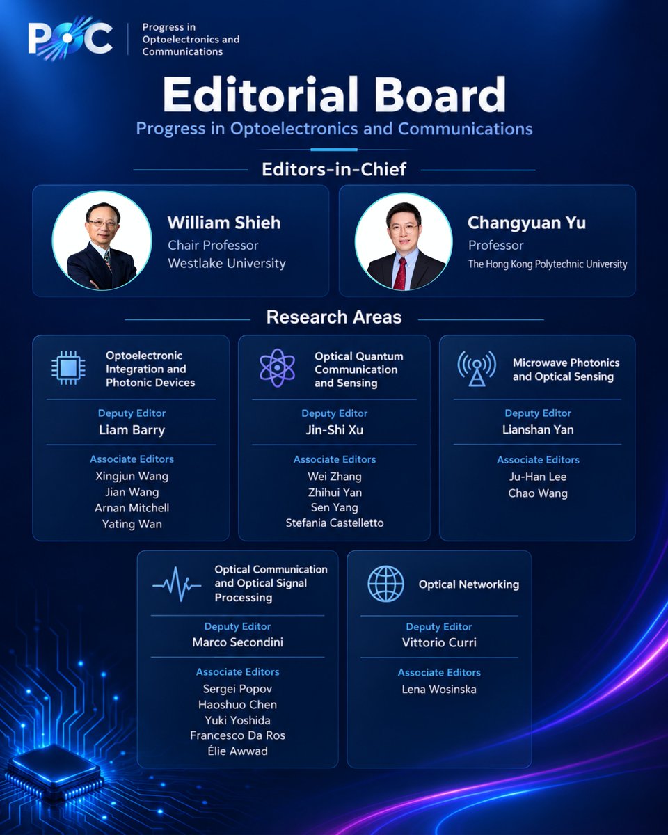 POC_journal's tweet photo. Meet the POC Editorial Board.🥳

Led by William Shieh and Changyuan Yu, our editors represent five key research areas in optoelectronics and communications.

More editor profiles coming soon. https://t.co/MmL08MHQYt