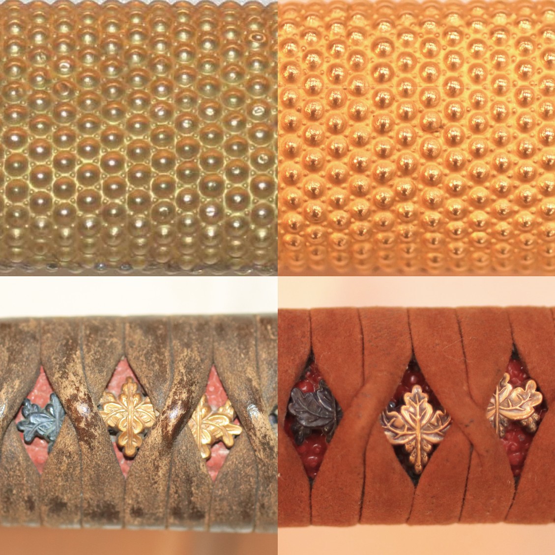 fukuokaC_museum's tweet photo. 1枚目 重要文化財 金霰鮫青漆打刀拵(#安宅切) 桃山時代
2枚目 国宝 金霰鮫青漆打刀拵(#圧切長谷部) 江戸時代後期 
安宅切の拵と圧切の拵をくらべると、柄糸の手垢、つぶれた金霰鮫の粒に、安宅切の使用感が溢れている。リアルな使用感を是非会場で感じてみて。
「#黒田家の名宝4」第I期は10/18日まで。 https://t.co/Ohx0VzaoPi