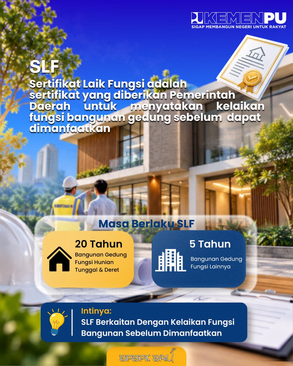 pu_ck_bali's tweet photo. Halo Semeton BPBPK Bali!
Mau bangun atau manfaatkan bangunan?
Kenali dulu PBG & SLF!
🔵 PBG = persetujuan penyelenggaraan bangunan
🟡 SLF = kelaikan fungsi bangunan
#pu608 #sigapmembangunnegeriuntukrakyat #pbg #slf #bpbpkbalisigapmembangunbali https://t.co/tZkE1FALHm
