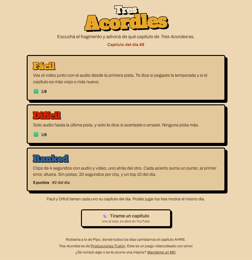 ToniTheWeed's tweet photo. para los fanáticos locos como yo de tres acordes arme esta pagina: https://t.co/DeCCUyj3T8 
Es como un wordle pero de la mejor serie web que existe 
Tiene 3 modos por ahora y mi favorito es el ranked
Si lo prueban y me dice que les parece messirveeeeee
#TresAcordles #TresAcordes https://t.co/wZxBZhnc5W