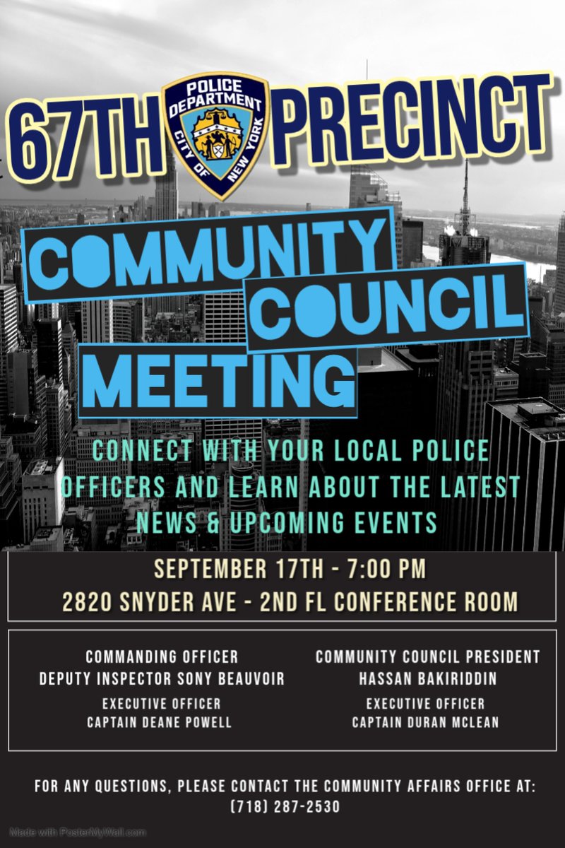 NYPD67Pct's tweet photo. Join us tomorrow for our community board meeting! We meet at the usual place and time. We can't wait to see you all there. https://t.co/MppvzrSBma