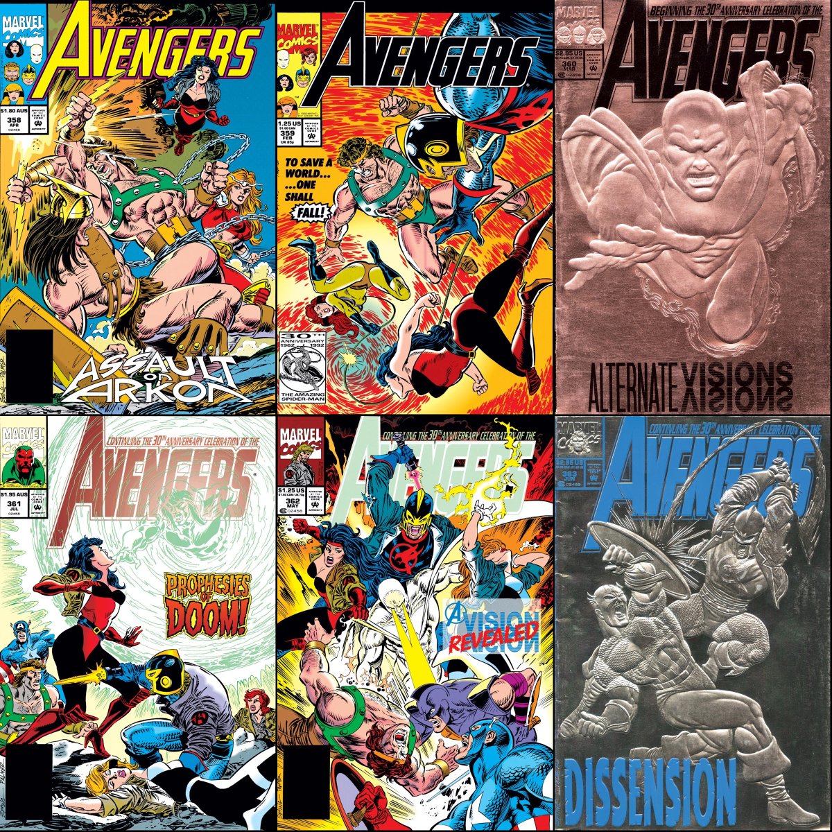 Avengers #358-363 cover dated January-June 1993.