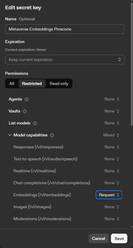 OpenAI secret-key permissions screen showing a restricted key with embeddings access instead of full capability access