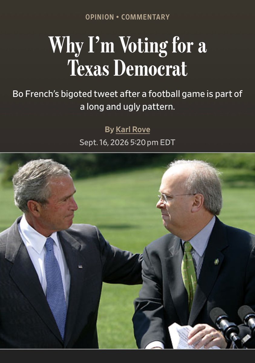 nicksortor's tweet photo. RINO Karl Rove just wrote an op-ed in the Wall Street Journal declaring he’s voting DEMOCRAT because @bofrench’s post made his tummy hurt

A Democrat who is OPENLY ADVOCATING to MUTlLATE CHILDREN through trans surgeries

Thank GOD these RINOs are increasingly irrelevant

@KarlRove prefers for children’s GENlTALS to be mutiIated over some mean posts on X.

These are the SAME RINOs that allowed 100+ MILLION foreigners into our country to begin with.

VOTE BO FRENCH FOR TEXAS RAILROAD COMMISSIONER! 🇺🇸