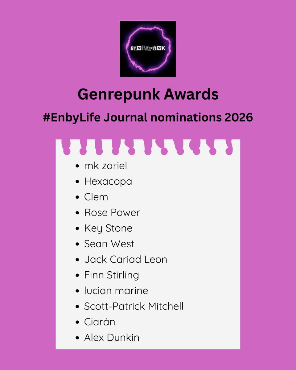 enbylife's tweet photo. We’ve made our nominations for the @genrepunkmag Awards! Shout out to our amazing creatives and wishing you all the best 💖🎉 https://t.co/2Oisj3C56J