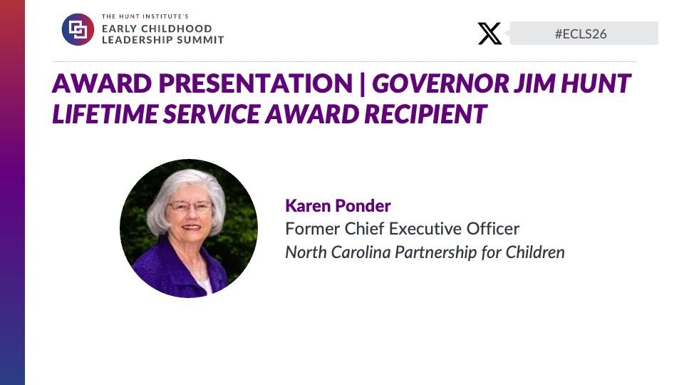 Hunt_Institute's tweet photo. Honoring visionary dedication to early learning! Congratulations to Karen W. Ponder on receiving the Governor Jim Hunt Lifetime Service Award for her decades of impactful service to students and educators. #ECLS26 https://t.co/X6CX5cC9Zg