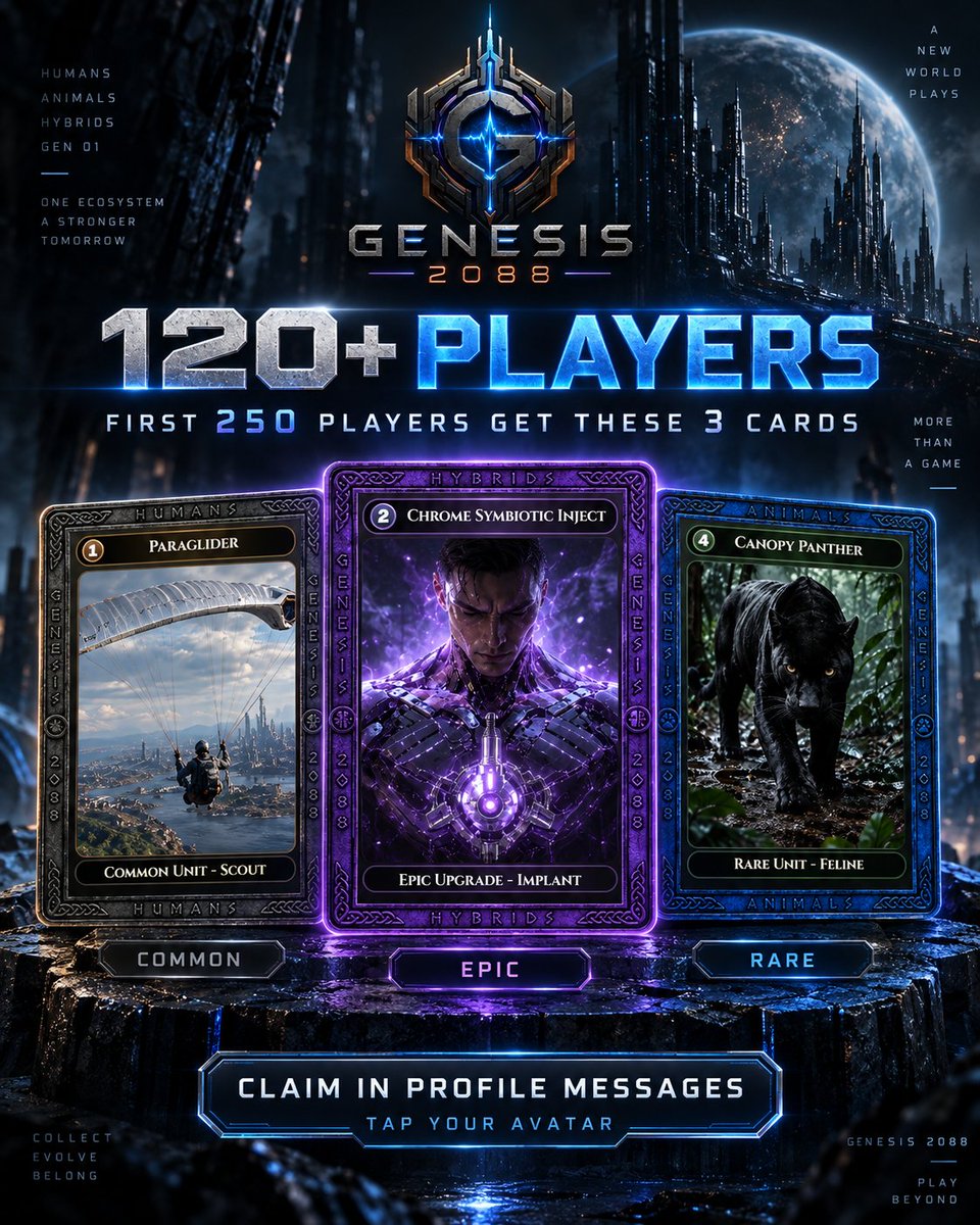 __NuCCa__'s tweet photo. 120+ players reached in Genesis 2088. ⚔️

To celebrate, the first 250 players will receive 3 cards:

▫️ Paraglider
▫️ Canopy Panther
▫️ Chrome Symbiotic Inject

📩 Claim in Profile Messages — tap your avatar.

https://t.co/HylBkjVyMh

#Genesis2088 #tcg #magic #wld #nucca https://t.co/aBEULZCUvr