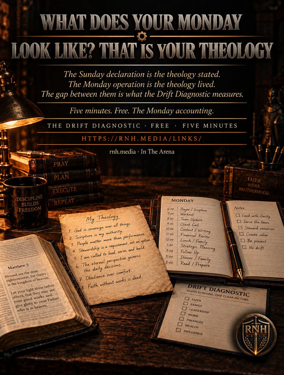 ryannelsonholt's tweet photo. What does your Monday look like? That reveals your true theology. 📊

Not the stated theology. The lived one.

The Sunday declaration states what the person claims to believe guides their actions.

The Monday email, the Monday financial decision, the Monday leadership behavior—all confirm what actually governs them. ⚔️

The gap between these is the Sunday-Monday Gap.

The Drift Diagnostic measures this. Five minutes. Free.

🔗 https://t.co/lDKxVIhkuD

#WhatDoesYourMondayLookLike #SundayMondayGap #FaithDrivenLeadership #InTheArena #DriftDiagnostic #EliminateDrift