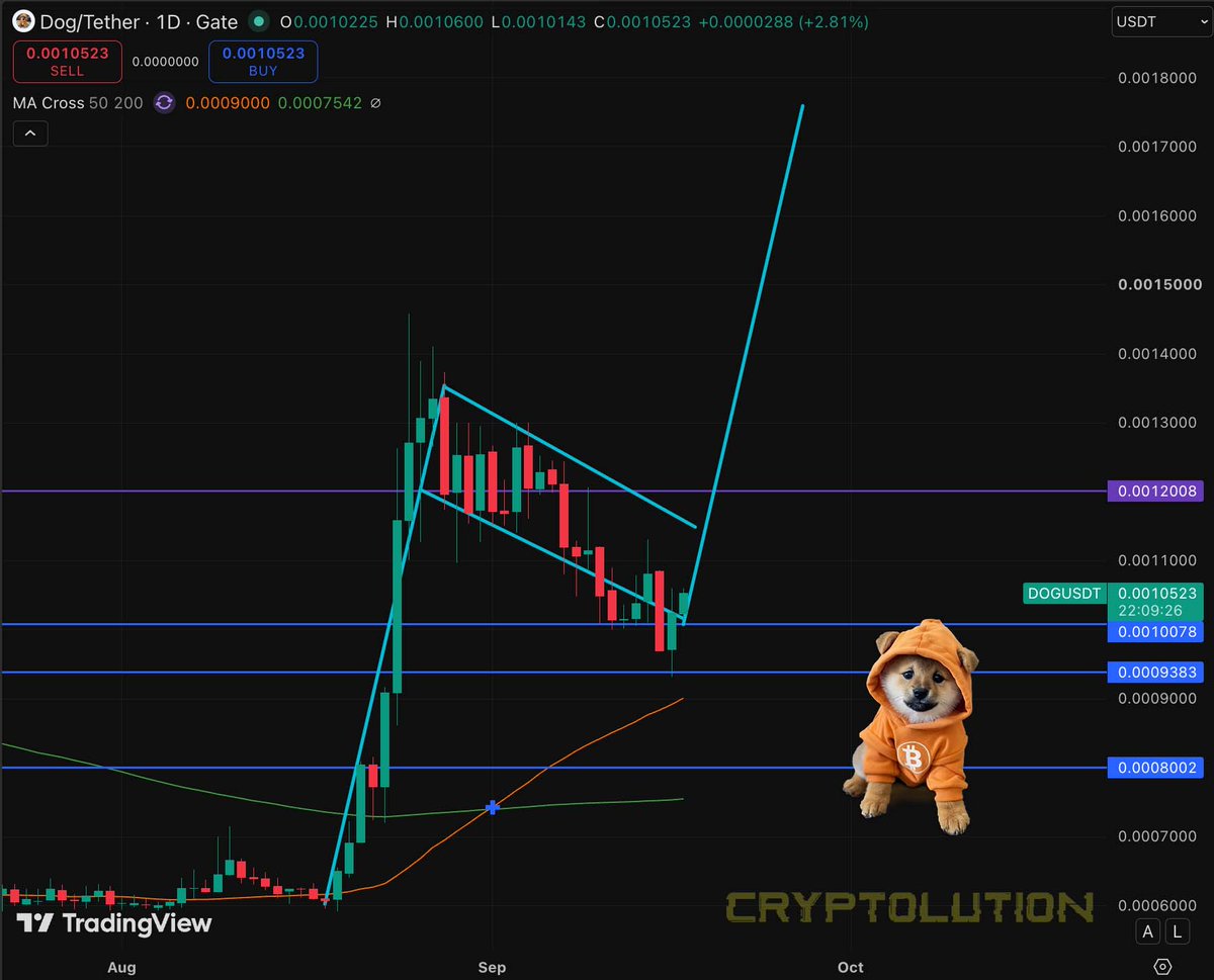 cryptolution101's tweet photo. solana:dog1viwbb2vWDpER5FrJ4YFG6gq6XuyFohUe9TXN65u is sitting at a key decision point.

🔵 50D MA: 0.000900
🟢 200D MA: 0.000754
🔹 Support: 0.000938 / 0.001008
🟣 Resistance: 0.001201

A breakout from the descending channel / Falling Wedge / Bull Flag Pattern could open the path higher. If solana:dog1viwbb2vWDpER5FrJ4YFG6gq6XuyFohUe9TXN65u pulls back, the 50D MA may also act as dynamic support.

Two scenarios. One chart. 🐕₿