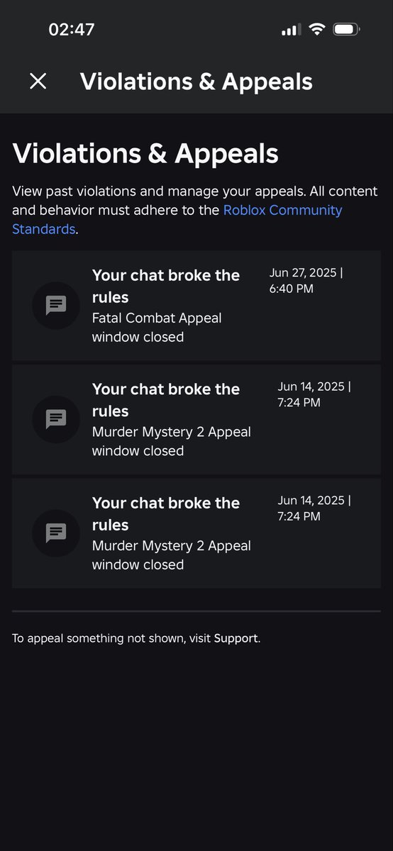 BubaBooBooBuble's tweet photo. Day 5 of my enforcement ban.

I literally have nothing to appeal to? Not even the violations and appeals page says that I have done anything. Please help me solve this situation 💔

Last violation was in 2025 omd 😭
Lmk what I can do, I’m being ignored by Roblox moderators. https://t.co/CWY1fZ2hCg