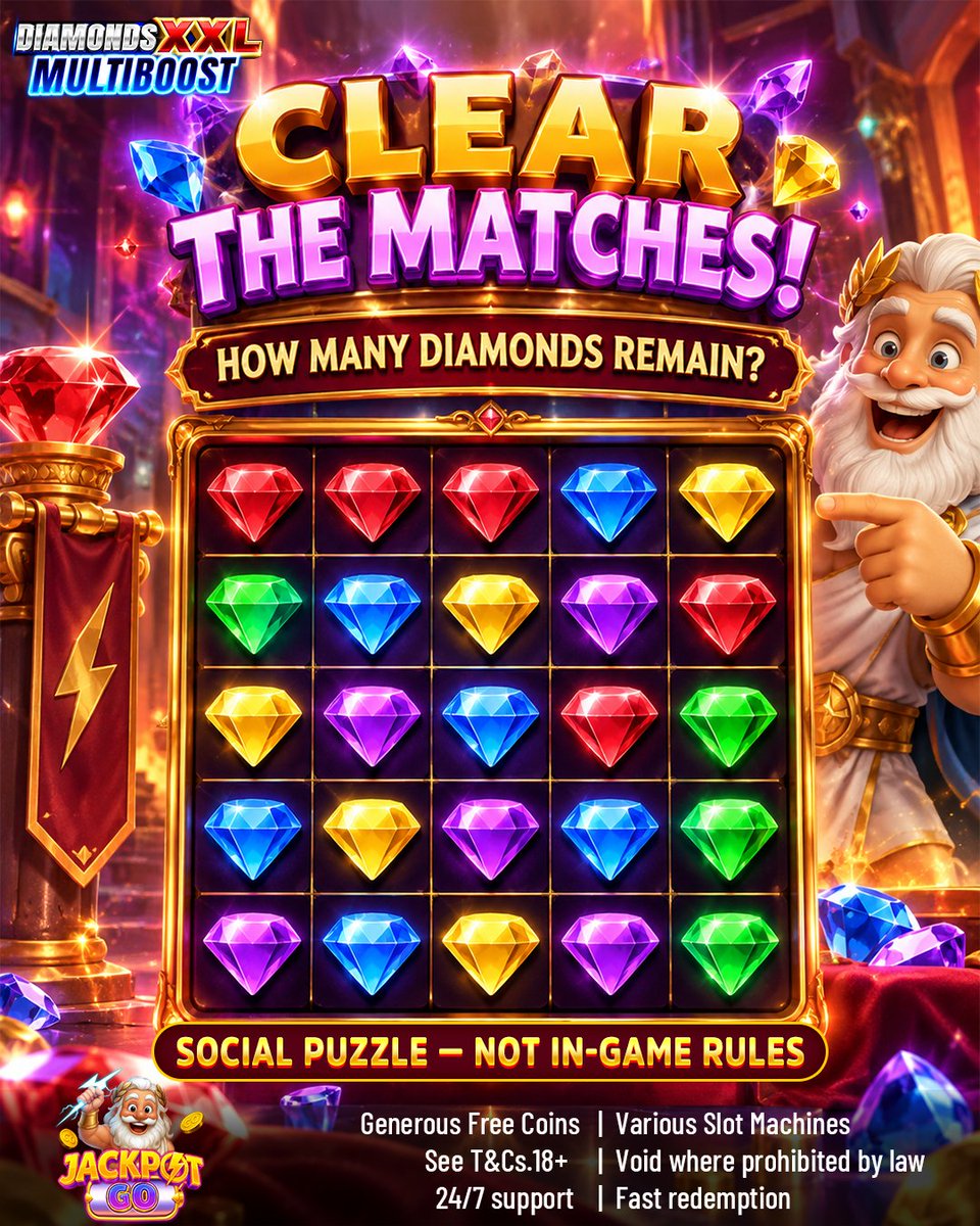 JackpotGoGame's tweet photo. 💎 Diamonds XXL Multiboost: clear lines of 3+ same-color diamonds across or down. One round; no drops or refills. How many remain? Comment your number! Social puzzle, not in-game rules.
Web: https://t.co/RIHmfLzDFu
App: https://t.co/Rx470UG05u https://t.co/mKs8ZuS0Rc