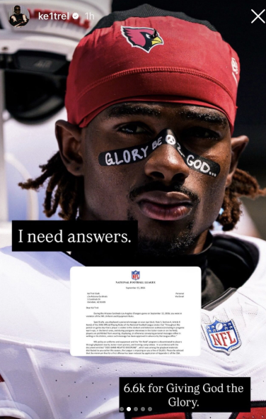 NickAdamsinUSA's tweet photo. MAJOR ANNOUNCEMENT:

Cardinals CB Kei’Trel Clark has been fined $6,651 by the woke NFL for writing “Glory Be 2 God” on his eye black.

I will be boycotting the NFL until their fine is lifted and an apology is issued to Christians everywhere.

We cannot allow the woke institutions to attack Jesus Christ!