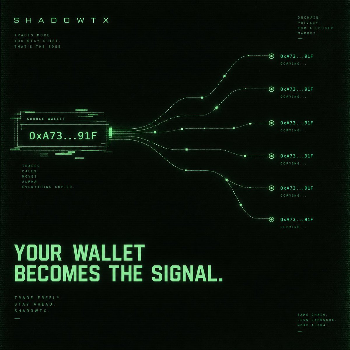 ShadowTX_RH's tweet photo. Every public wallet becomes free alpha. Entries. Exits. Positioning. Stop broadcasting your strategy. https://t.co/MZCwvwqvEo