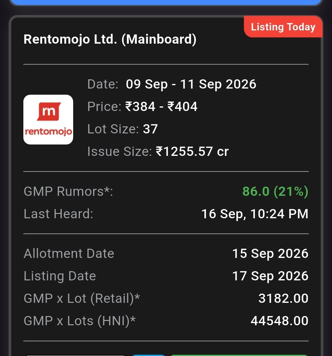 bhurerahul99's tweet photo. 3. Today's #IPO listing
(Total 6 listing )
#RENTOMOJO
#LCCPROJECTS
#ipoalert https://t.co/ub54FNZT7c