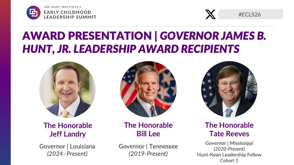 Hunt_Institute's tweet photo. Mississippi Governor Tate Reeves (@tatereeves) accepts the inaugural Governor James B. Hunt, Jr. Leadership Award and shares his reflections on leadership across administrations. #ECLS26 https://t.co/JVN2L3Z0Ib