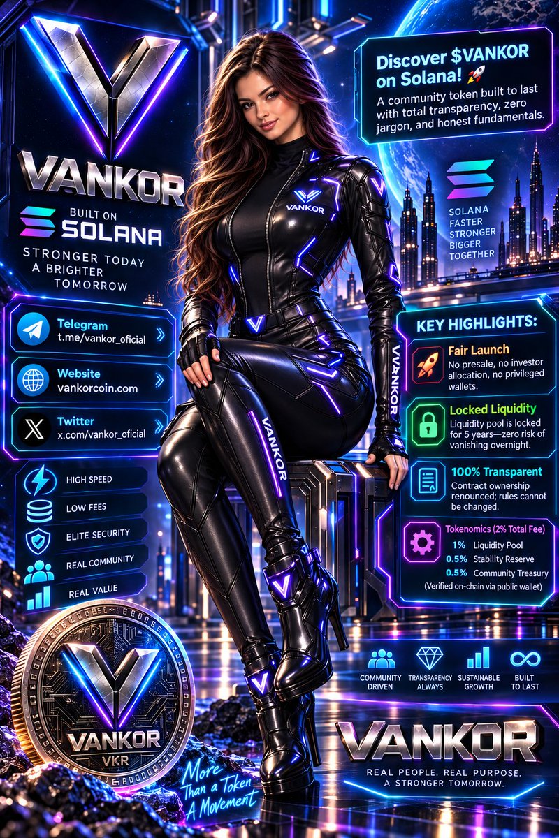VANKOR_OFFICIAL's tweet photo. 🔤🔤🔤🔤🔤🔤🔤

📱Telegram
https://t.co/FjIvhPcu4Z

🌐Website
https://t.co/DlfKYGQ664

📱Twitter
https://t.co/Y3Bnbft7ew

✔️Discover $VANKOR on Solana! 🚀
A community token built to last with total transparency, zero jargon, and honest fundamentals.

📌Key Highlights:
Fair Launch: No presale, no investor allocation, no privileged wallets.

🟢Locked Liquidity: Liquidity pool is locked for 5 years—zero risk of vanishing overnight.
100% Transparent: Contract ownership renounced; rules cannot be changed.
Tokenomics (2% Total Fee):
1% Liquidity Pool
0.5% Stability ReserveHey!
0.5% Community Treasury (Verified on-chain via public wallet