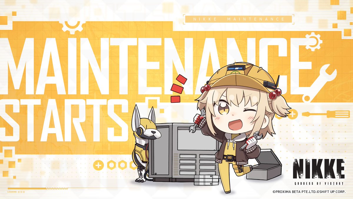 NIKKE_en's tweet photo. 【Maintenance Begins】

We are currently in the midst of maintenance. Kindly note that you will not be able to enter the game during this period.

Maintenance Period
⏳ 9/17 11:00 ~ 18:00 (UTC+9)

※Actual maintenance duration may vary.

#NIKKE https://t.co/tC7YN4zuay
