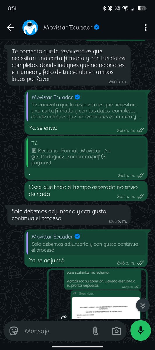 JONATHANMH4's tweet photo. Enserio esperar 5 días laborales para que su respuesta sea que no se adjuntó la carta solicitada cuando la documentación solicitada por ustedes se adjunto el mismo día, encima  es un plan que jamás contraté ya basta de tanto abuso @MovistarEC @Arcotel_ec @DefPublicaEC https://t.co/8QIrAeBsh5