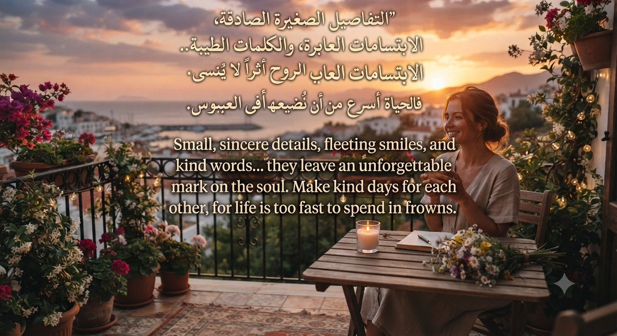 yasir9001's tweet photo. Small, sincere details, fleeting smiles, and kind words... they leave an unforgettable mark on the soul. Make kind days for each other, for life is too fast to spend in frowns. 

​"التفاصيل الصغيرة الصادقة، الابتسامات العابرة، والكلمات الطيبة.. هي التي تترك في الروح أثراً لا يُنسى. اصنعوا لبعضكم أياماً لطيفة، فالحياة أسرع من أن نُضيّعها في العبوس." ✨🌿