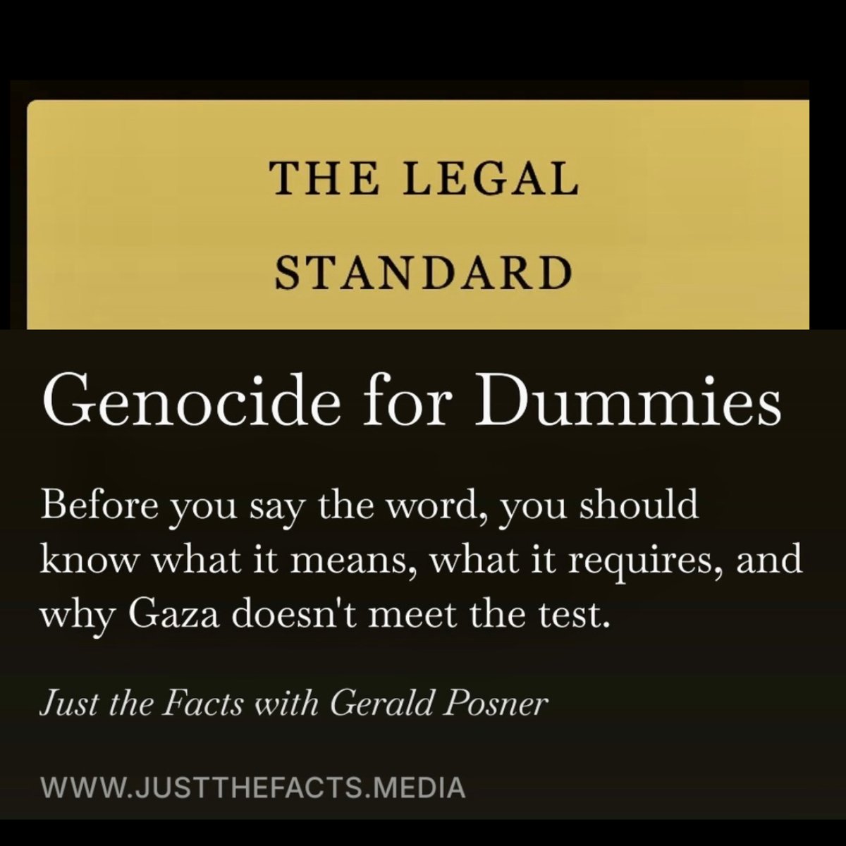 geraldposner's tweet photo. The word genocide is back on a loop. Macklemore is dropped from a tour, AOC calls the cancellation a cover-up of “the genocide in Gaza,” and Greta Thunberg says artists who stay silent in the face of “genocide” will not be forgotten.

Before the word does any more work it has not earned, read what it actually requires.

I have unlocked the paywall on Genocide for Dummies — the 6,000-word primer I wrote as a lawyer and reporter. It walks through the legal definition and the four modern cases in which a competent court has actually found genocide, and explains why Gaza does not meet the legal standard.

It is time to stop using it as inflammatory political rhetoric.
���� https://t.co/6HQcbfi5BU