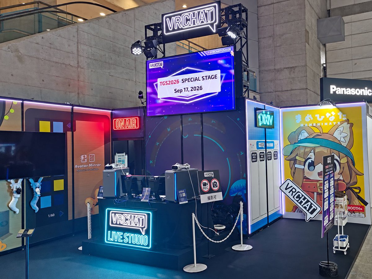 VRChat_JP's tweet photo. TGS2026開幕！
VRChatブースは【8ホール 08-N08】

ブースのQRから、TGS限定のプロフィールエフェクトをゲットしよう！
限定ネームプレート、アイコンフレームは9/19から、YouTube配信とこのXアカウントで配布予定です。お楽しみに！

https://t.co/IMynIVTdDJ
#VRChatTGS2026 https://t.co/WyJtSO6lAy