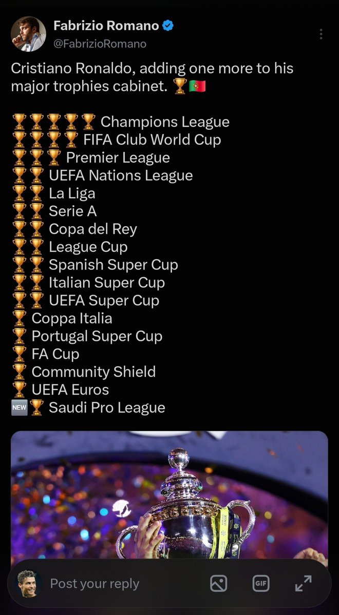 NoodleHairCR7's tweet photo. 🚨🚨 Exposing Fabrizio Romano: 

When Ronaldo won his 37th trophy Fabrizio only posted 34, when I dmd him asking him to stop being biased he said "look transfermarkt bro"

According to same transfermarket Messi has 45 titles but he posts 49 now 

The most biased journalist ever. https://t.co/n2BtzaZJg7