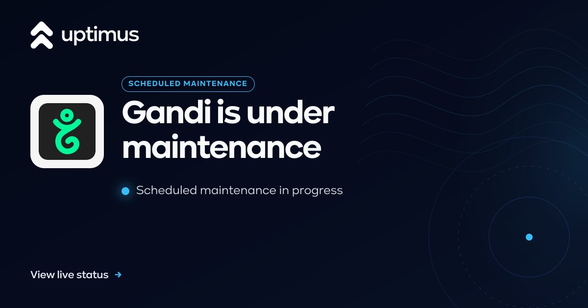 UptimusApp's tweet photo. Gandi reports that scheduled maintenance for the Registry sidn is in progress as of Sep 17, 2026 at 02:00 UTC. The Domain name registration component is affected until 05:00 UTC.
#Gandi #ServiceStatus https://t.co/t0AtgLb0w3